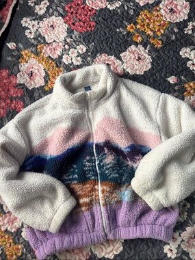 Old Navy White Sherpa Jacket with Pastel Mountain Print